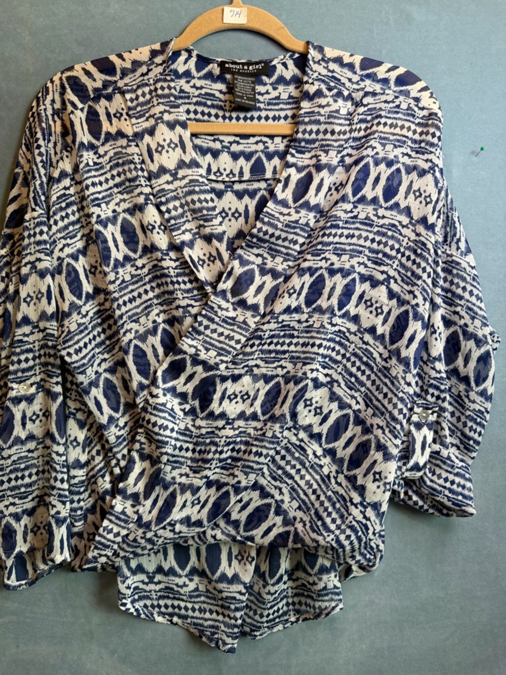 About a girl Navy and White Printed Wrap Top